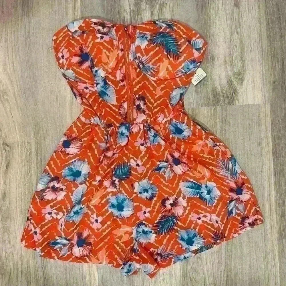 NWT Toxik3 Strapless Corset Romper Orange Chevron Floral Stretch Zipper Size L